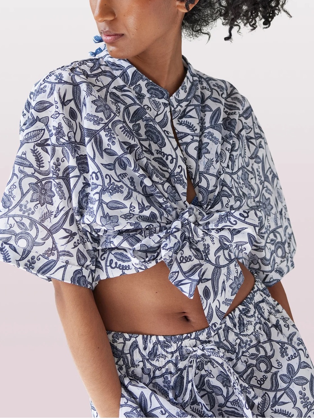 100% Cotton Blue & White Floral Button-Up Tie Front Top Coordinated Set Avail